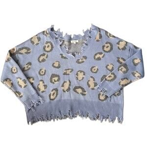 Miracle Blue Distressed Leopard Print Oversized Sweater